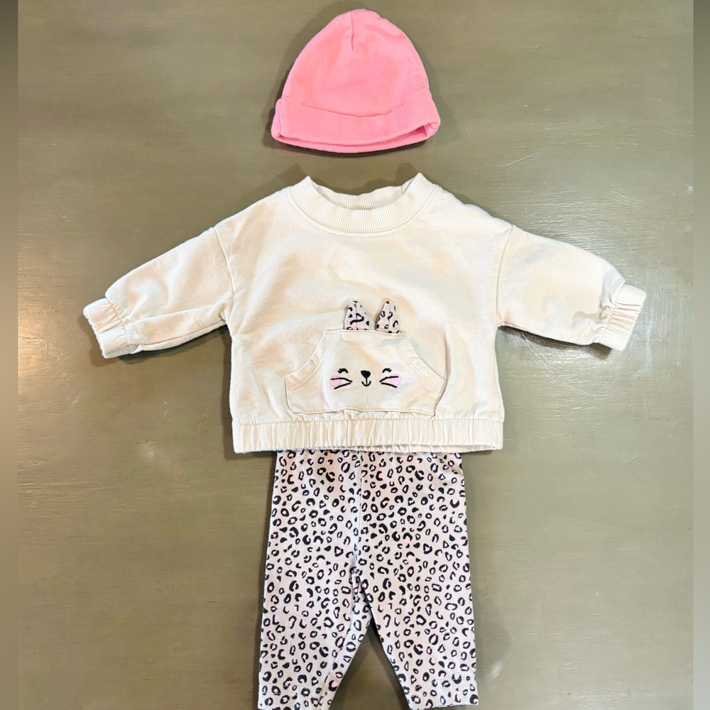 CARTER’S 3 PC. Newborn Baby Girl’s Fall/Winter Leopard Kitty Cat Outfit